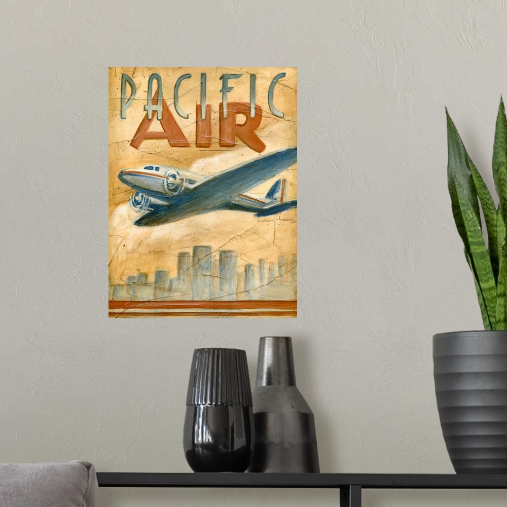 A modern room featuring Vertical artwork on a large wall hanging of a vintage advertisement for Pacific Air.  A large jet...