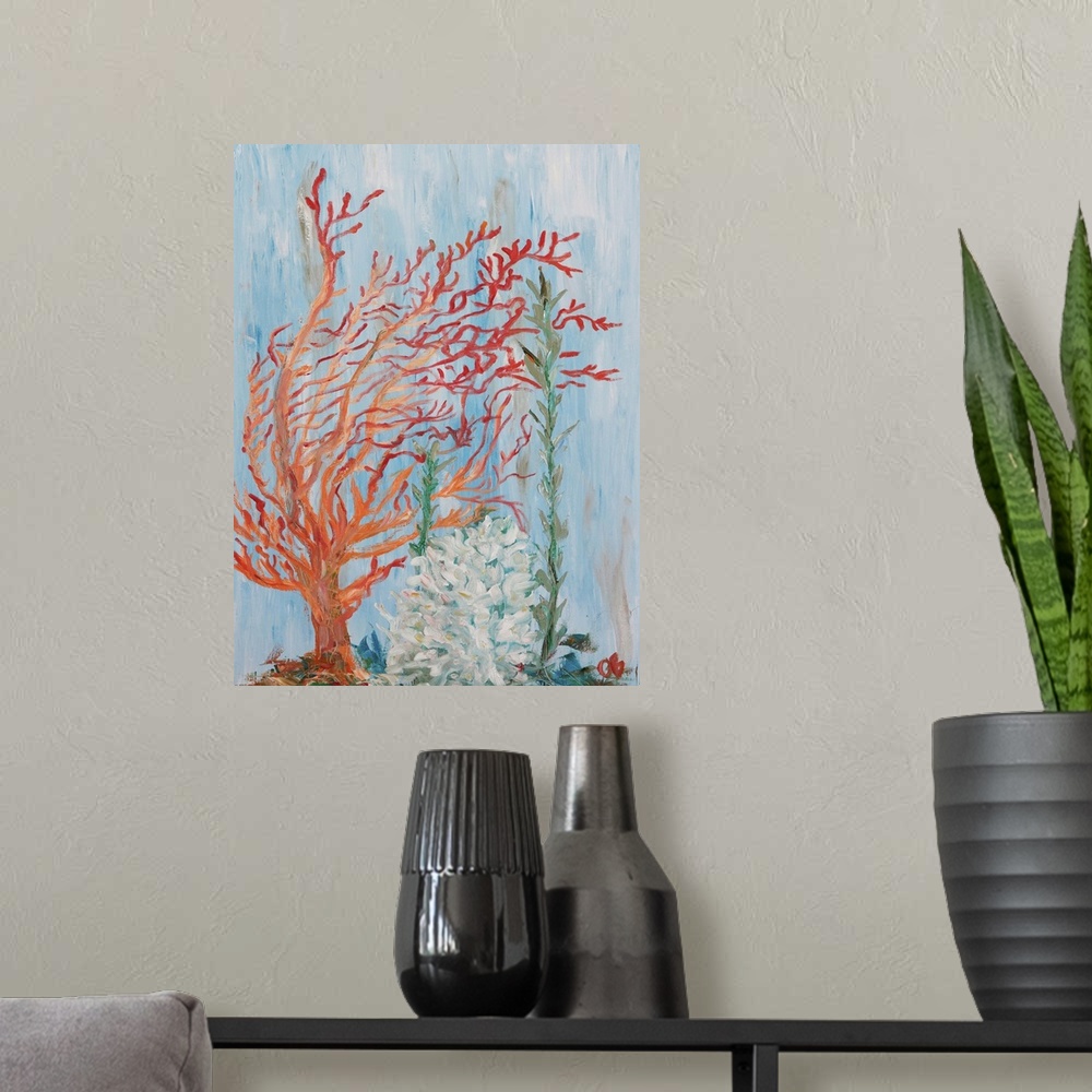 A modern room featuring Painting of bright red coral with green seaweed.