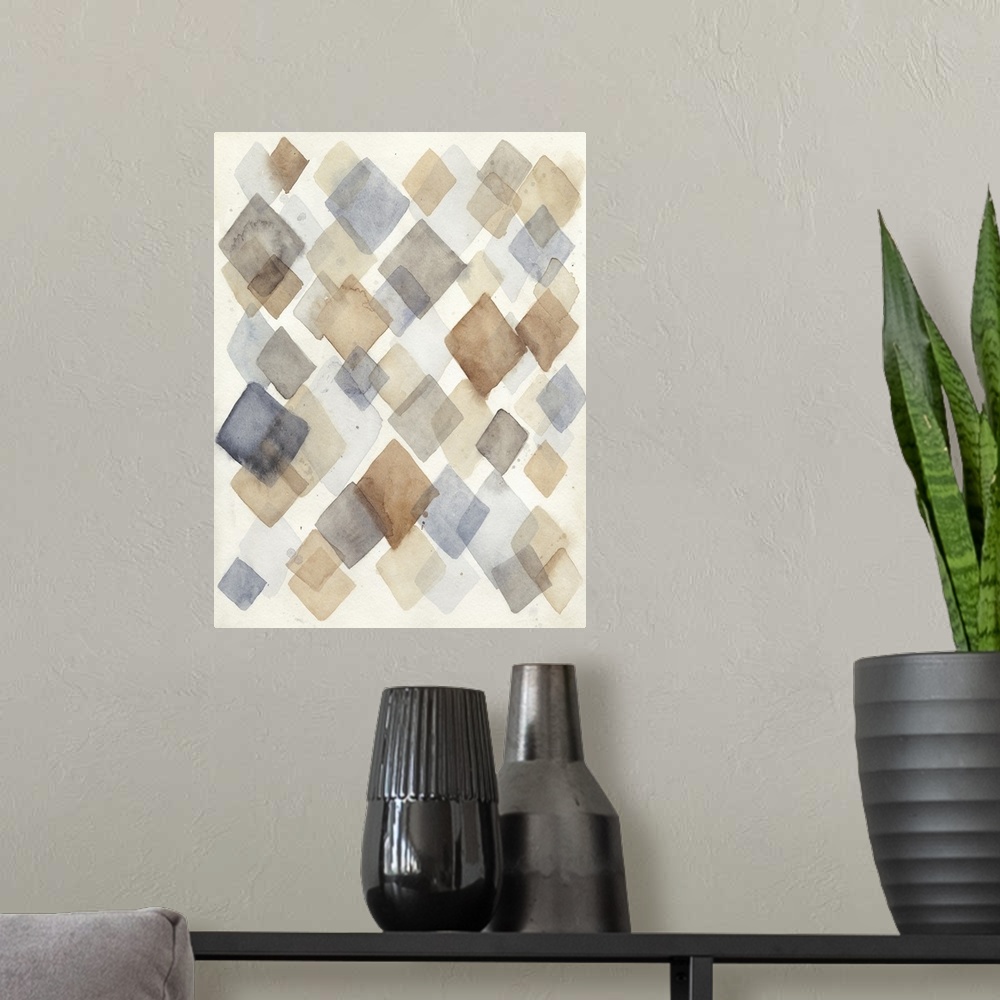 A modern room featuring Contemporary abstract painting using diamond shapes in pale watercolors.