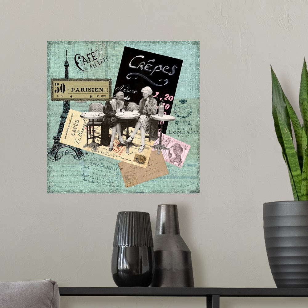 A modern room featuring Travel collage of a vintage scene in a cafe bordered with french themed items.