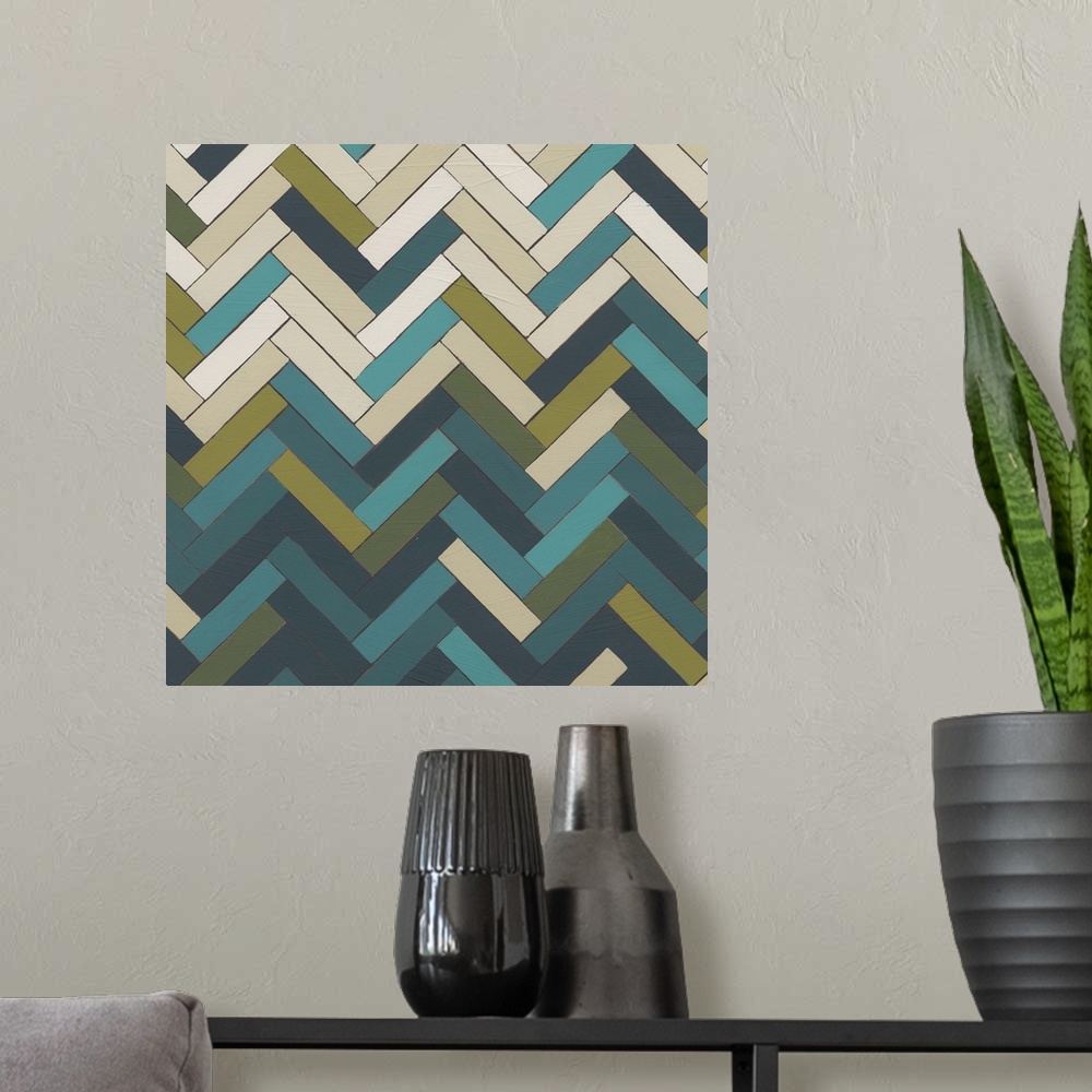A modern room featuring Abstract geometric artwork in cool tones.
