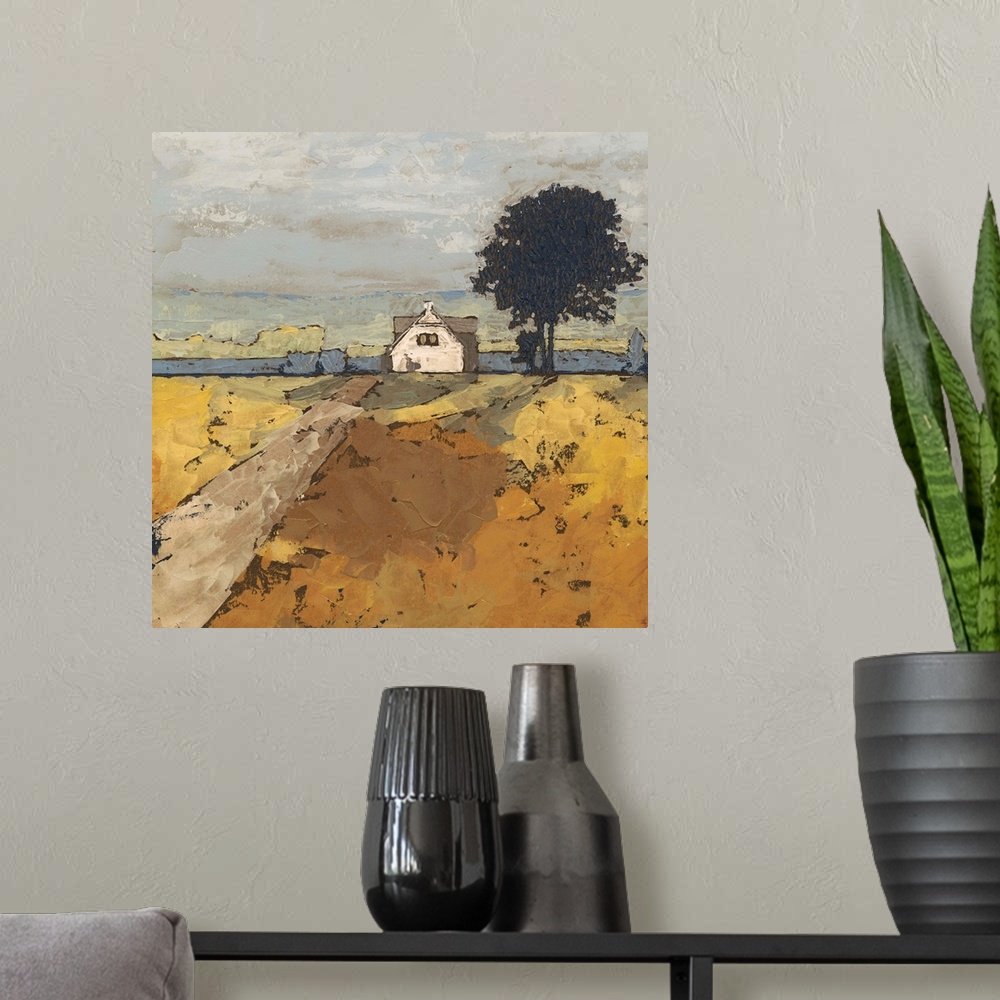 A modern room featuring Contemporary landscape painting of a serene countryside scene.