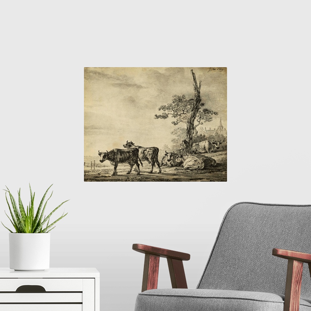 A modern room featuring Pastoral Etching I