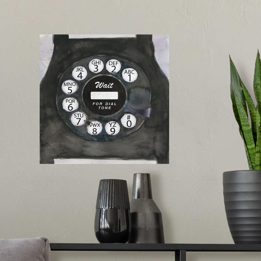A modern room featuring Decorative painting of an old telephone close-up, focusing on the circular dial.