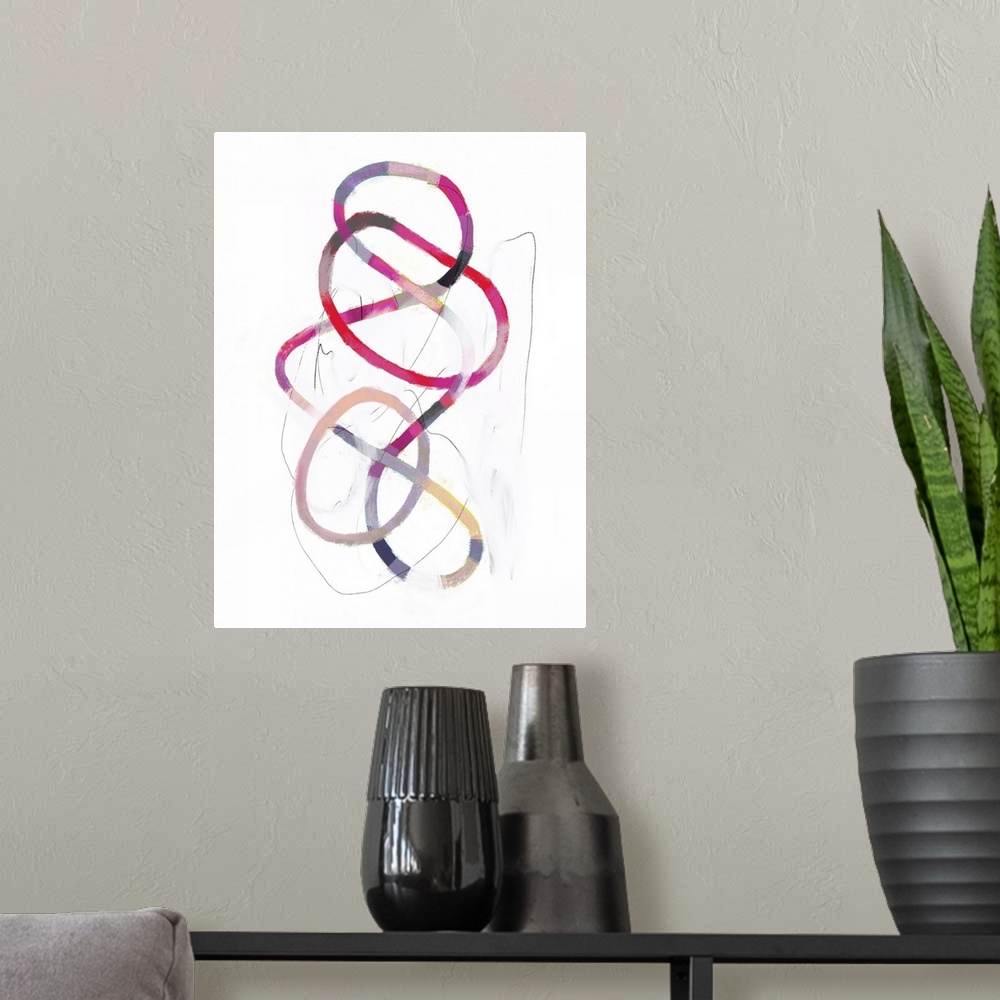 A modern room featuring This contemporary artwork features intertwining noodles of striped color with sketched lines thro...