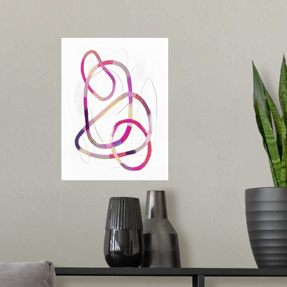 A modern room featuring This contemporary artwork features intertwining noodles of striped color with sketched lines thro...