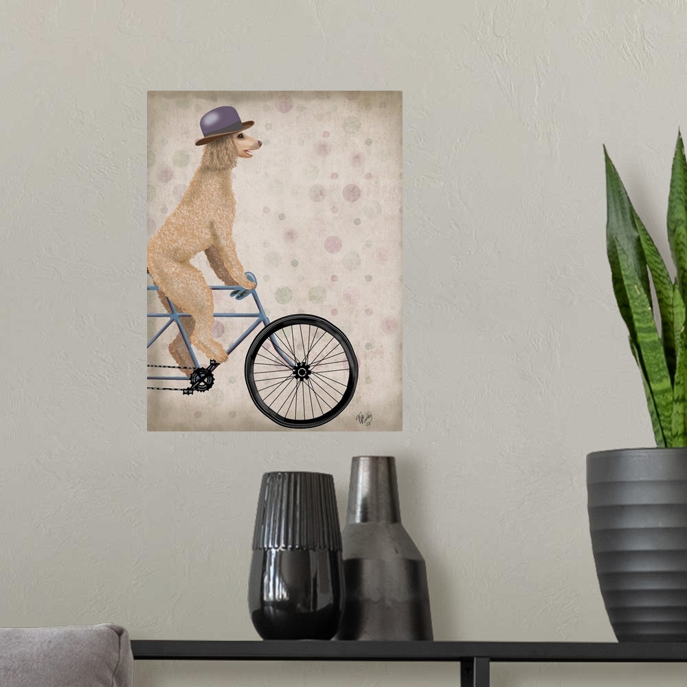 A modern room featuring Decorative artwork of cream Poodle riding on a blue bicycle and wearing a purple hat.