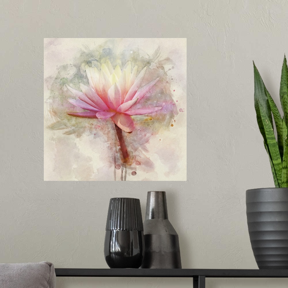 A modern room featuring A pink and white water lily rendered in watercolors.