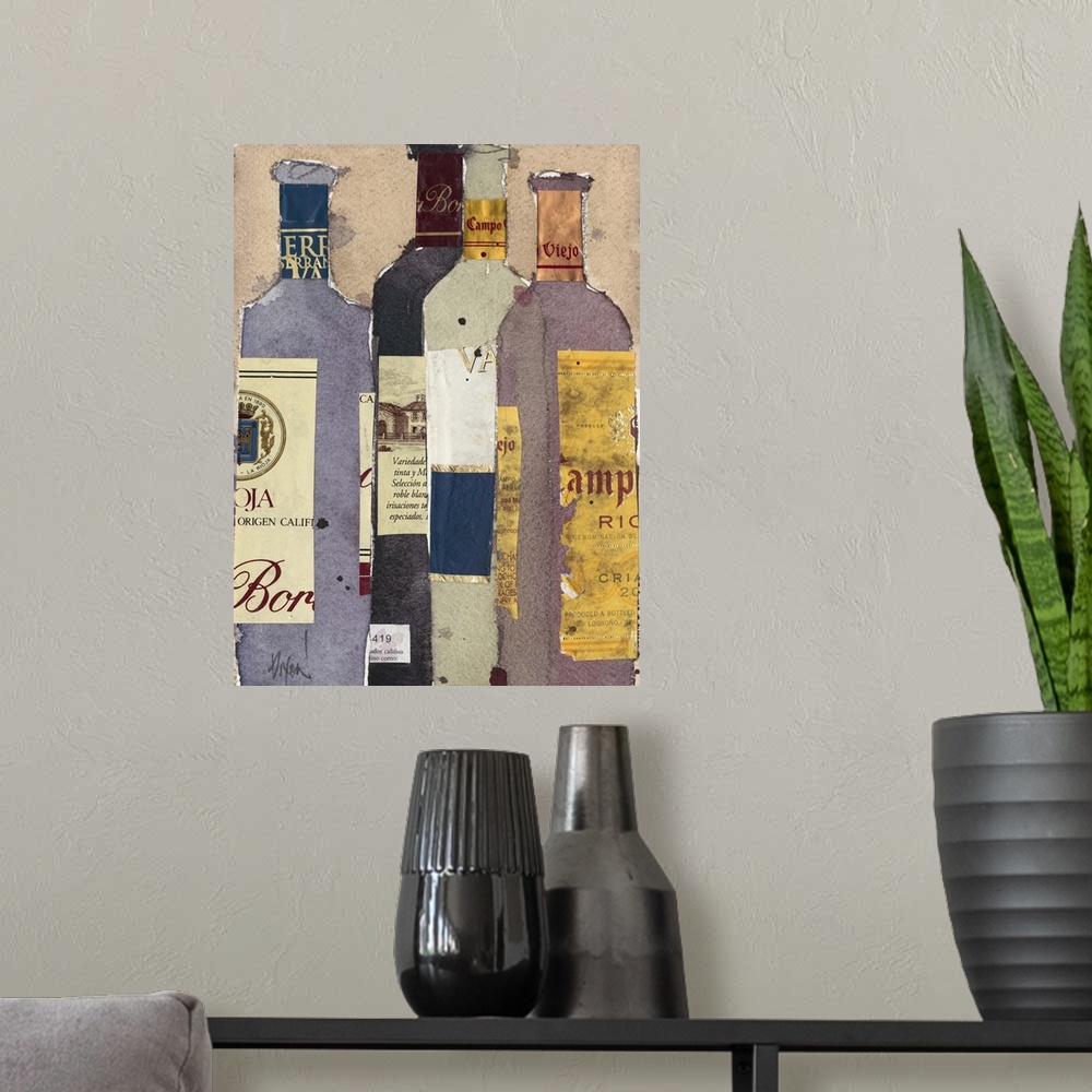 A modern room featuring Contemporary home decor artwork of a group of wine bottles made from collage style clippings of p...