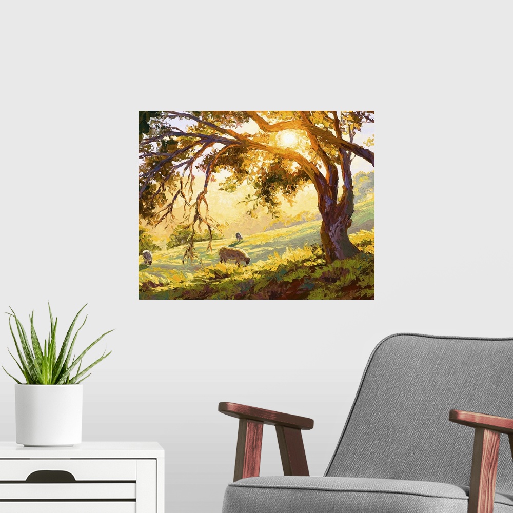 A modern room featuring Contemporary artwork of a countryside field in the light of early morning while animals graze.