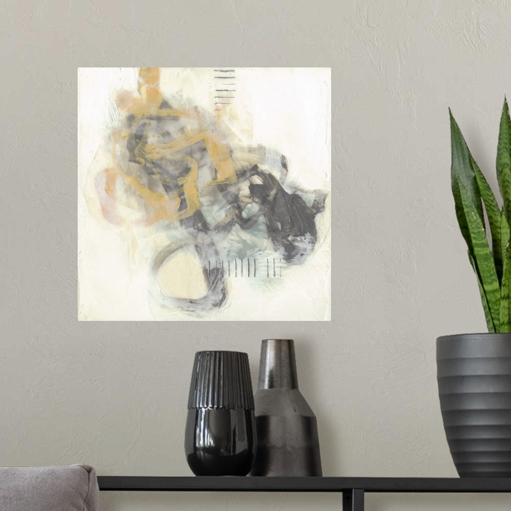 A modern room featuring Twisting brush strokes in yellow and gray dance with each other and is accompanied with hash mark...