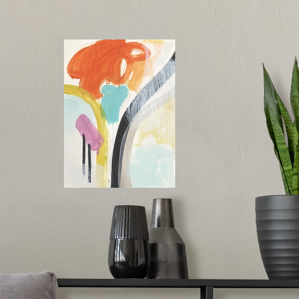 A modern room featuring Brightly colored abstract painting with orange, teal, and yellow.