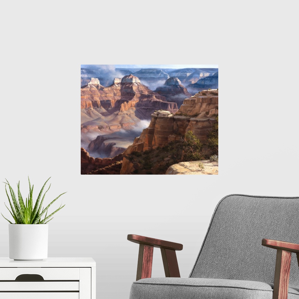 A modern room featuring Contemporary artwork of lively brush strokes that create a serene rock canyon landscape.