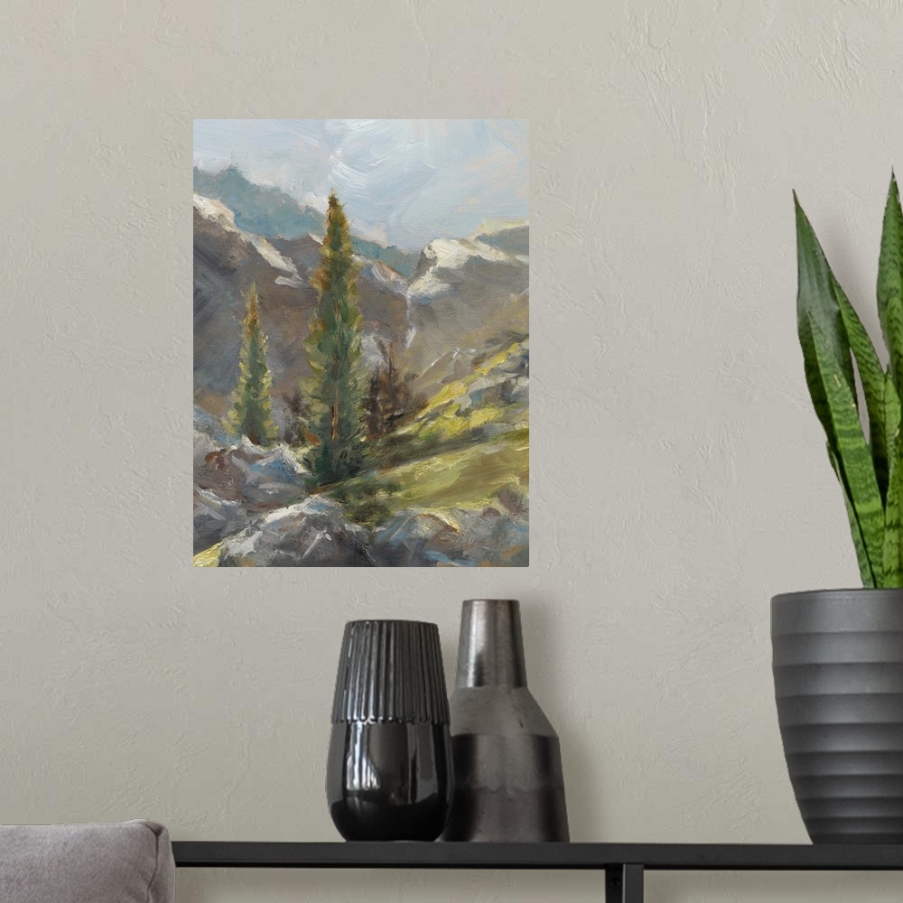 A modern room featuring Contemporary painting of a rocky mountainous scene.