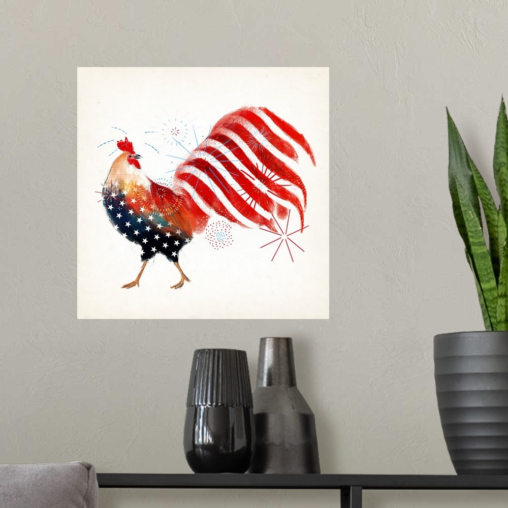 A modern room featuring An artistic image of a rooster with an American flag design and firework shapes overlapping.