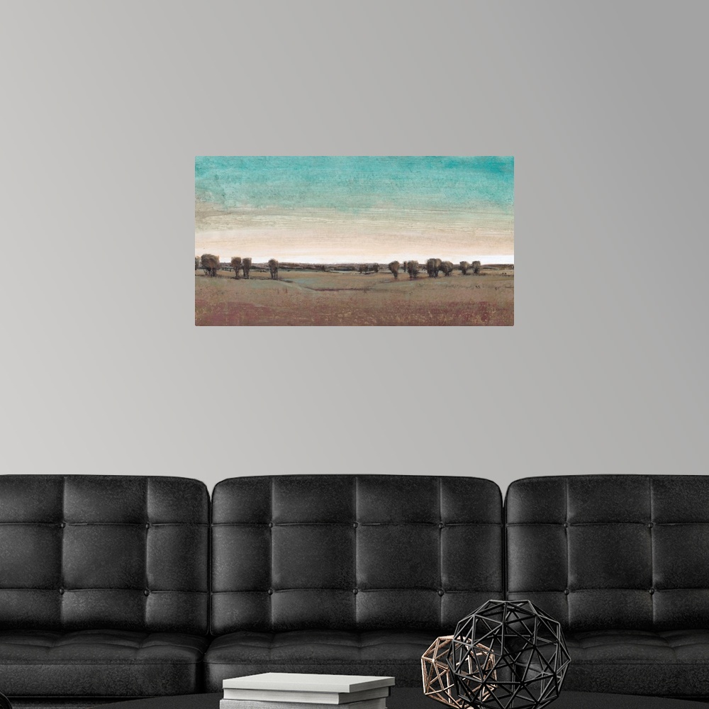 A modern room featuring Contemporary painting of a pastoral landscape.