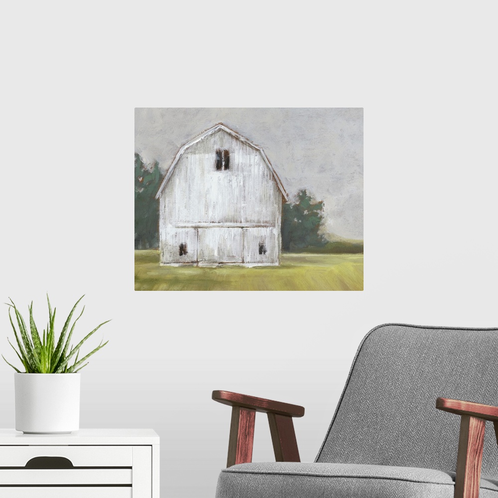 A modern room featuring This rustic artwork features spirited brush strokes to create a worn white barn placed over a gra...