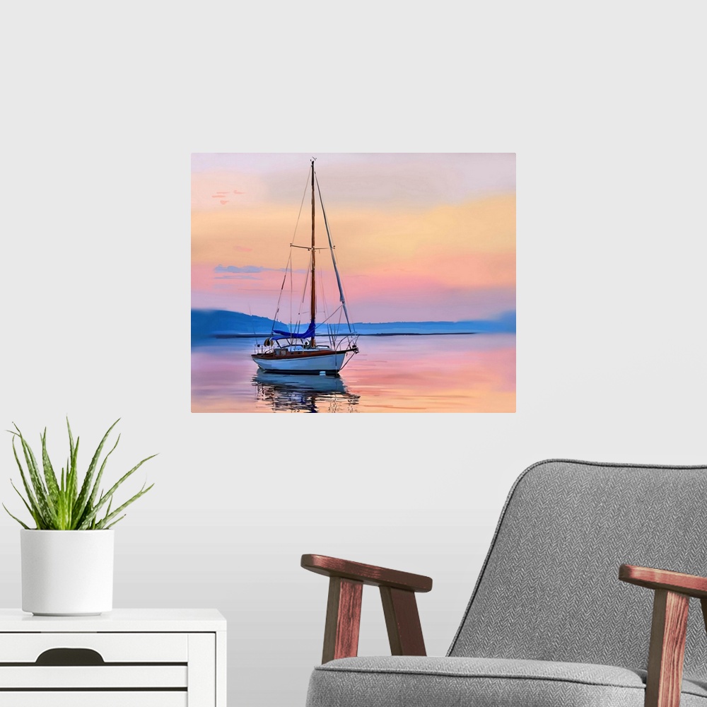 A modern room featuring Sailing Portrait I