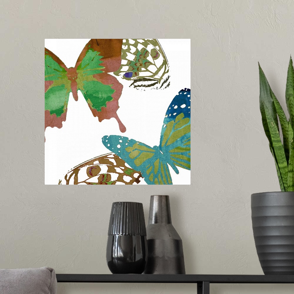 A modern room featuring Contemporary butterfly art using vibrant colors against a white background.