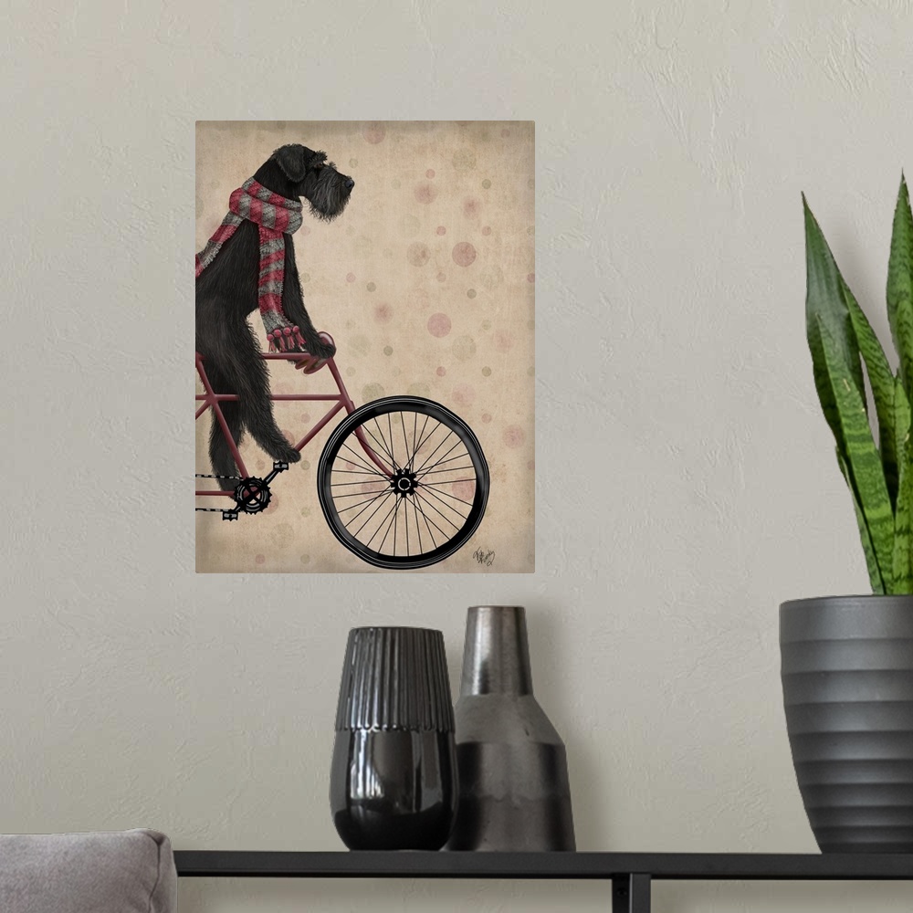 A modern room featuring Decorative artwork of a black Schnauzer riding on a red bicycle and wearing a matching scarf.
