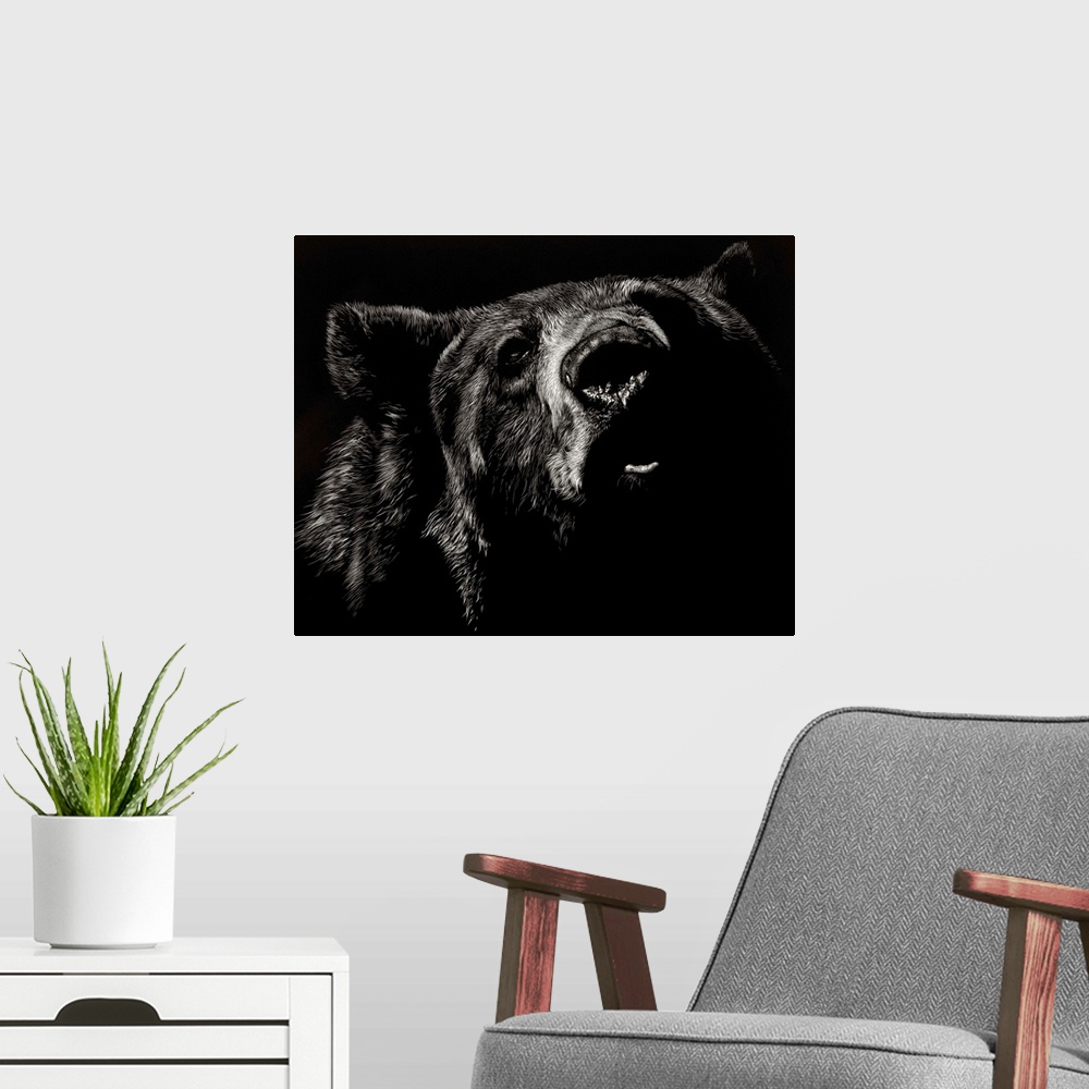 A modern room featuring Black and white illustration of a bear up close.