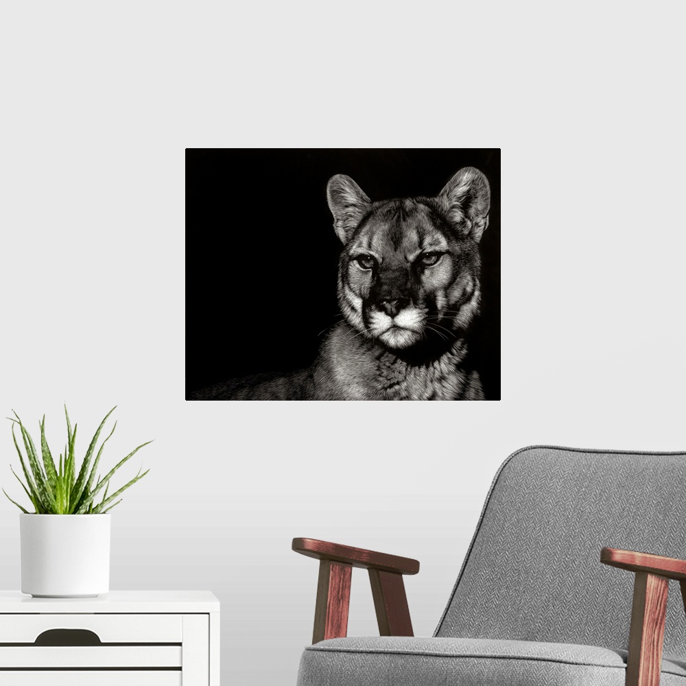 A modern room featuring Black and white illustration of a cougar with an intense stare.