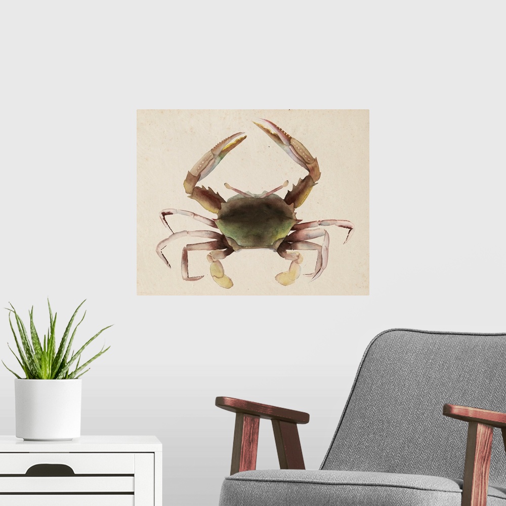 A modern room featuring Contemporary watercolor painting of a crustacean against a neutral background.