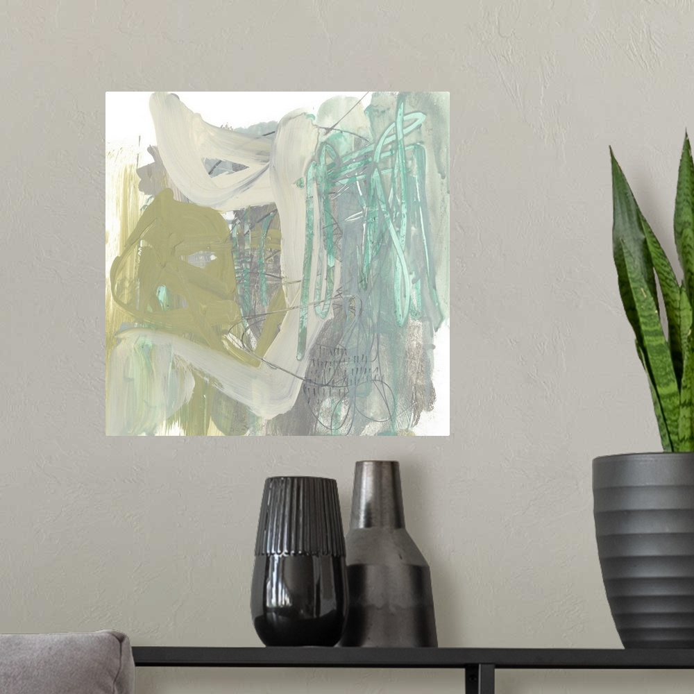 A modern room featuring Contemporary abstract painting in pale pink, olive green, and blue.
