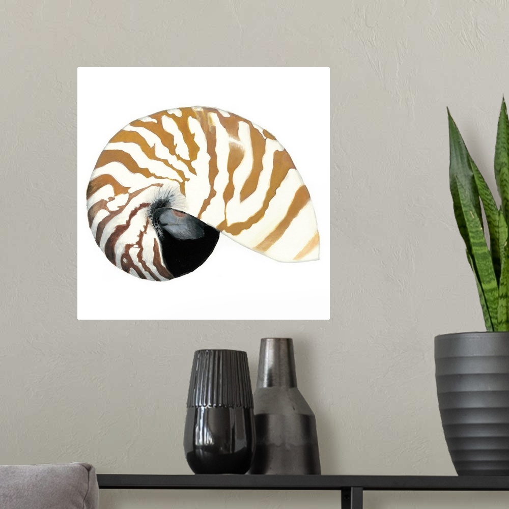 A modern room featuring Detailed painting of a striped seashell.