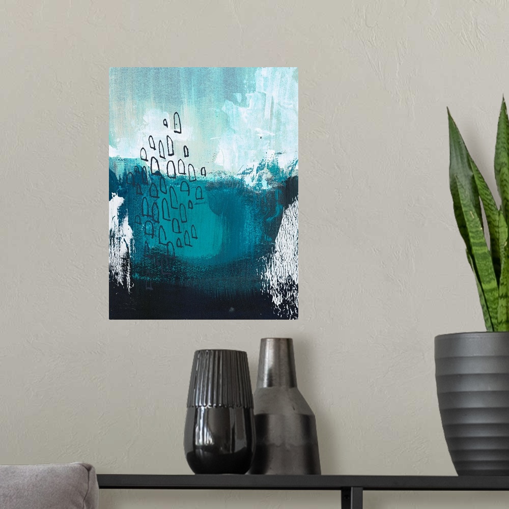 A modern room featuring This abstract artwork features window-like shapes over shades of blue with white brush strokes an...