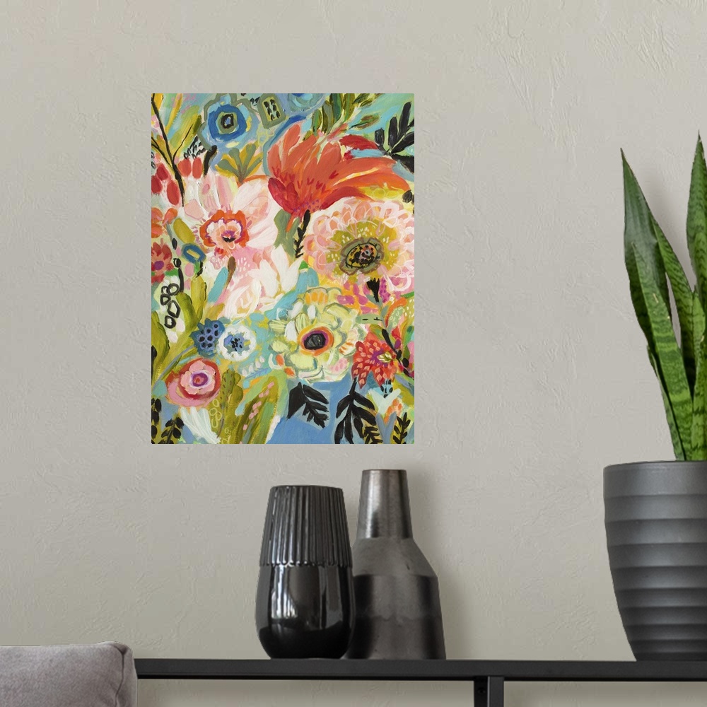 A modern room featuring Tropical illustration of colorful blooming flowers in a Boho style.