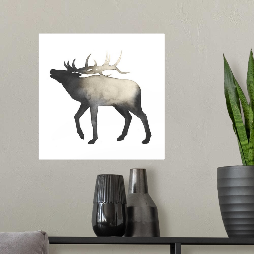 A modern room featuring A simple rustic watercolor painting of a deer with full antlers in silhouette on a white backgrou...