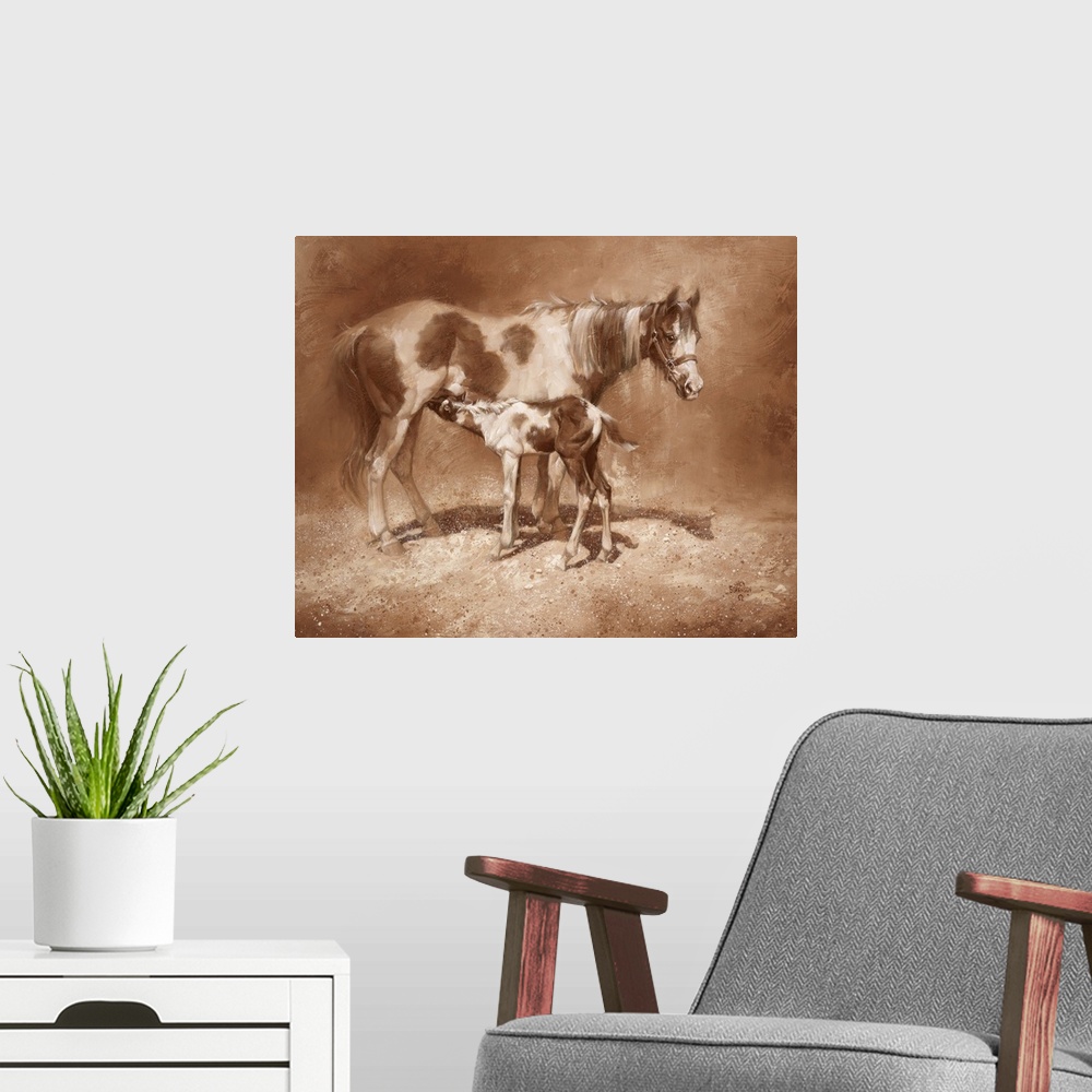 A modern room featuring Energetic brush strokes and paint splatters create this brown toned artwork featuring a mother ho...