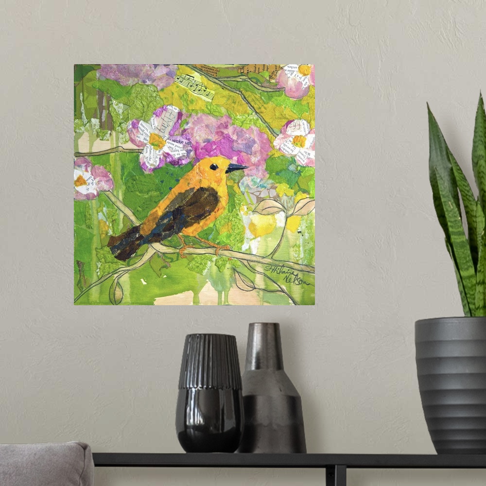 A modern room featuring Creative collage of a yellow bird perched on a branch with pieces with text and sheet music.