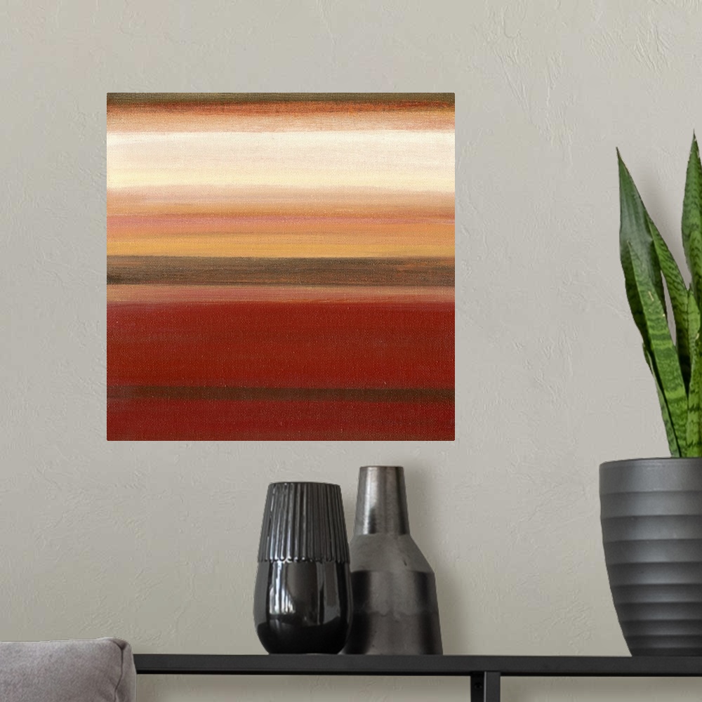 A modern room featuring Contemporary earthy toned abstract painting of horizontal stripes in different widths.