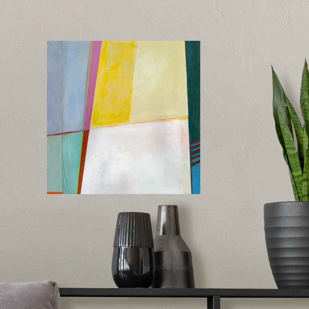A modern room featuring Abstract artwork with bright sections of color.