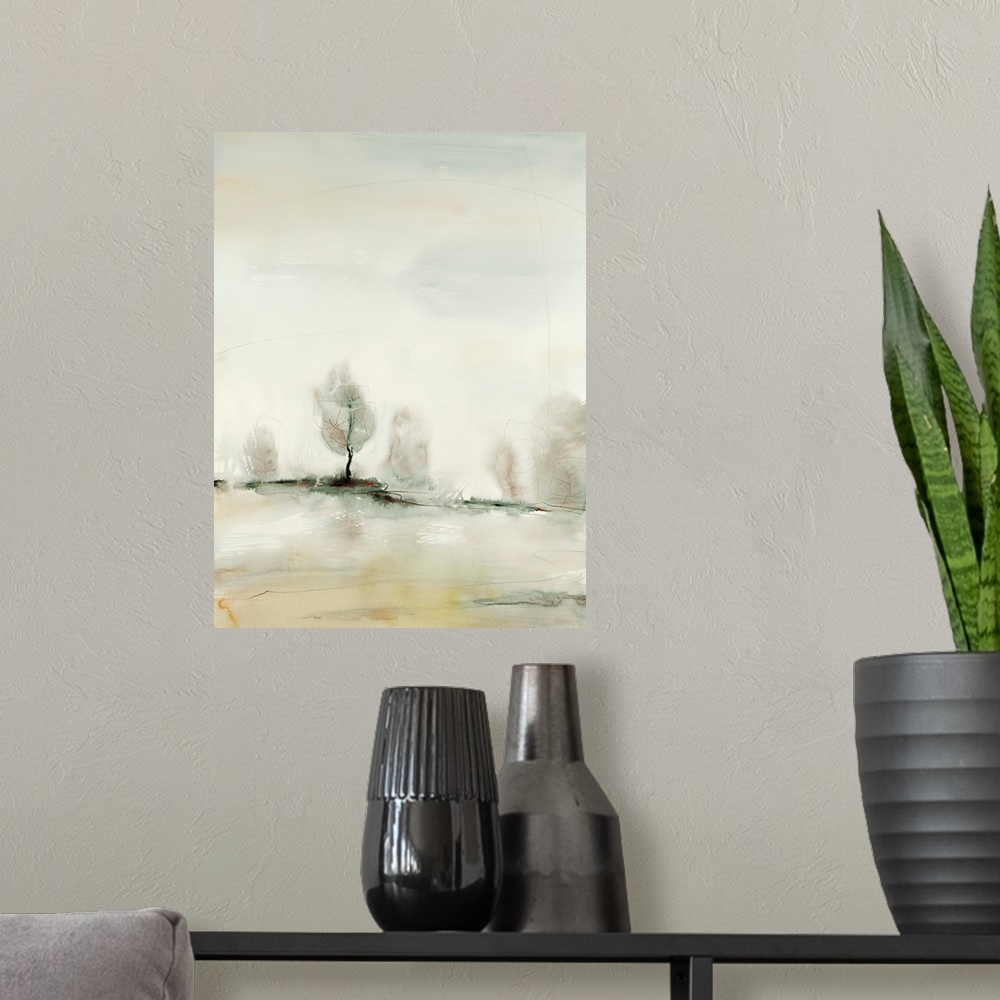 A modern room featuring Contemporary landscape art print in neutral colors, with trees on the horizon line.