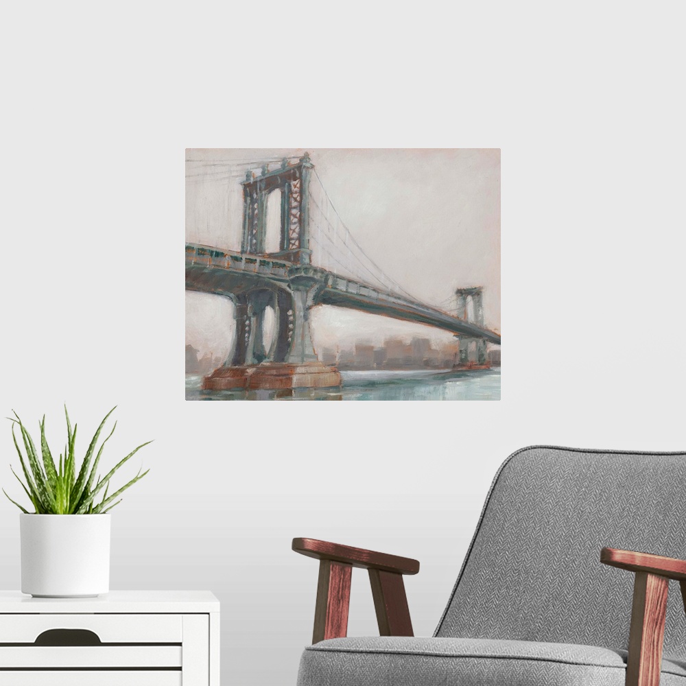 A modern room featuring A picturesque painting of Manhattan Bridge in New York, in subdue colors with the city in the bac...