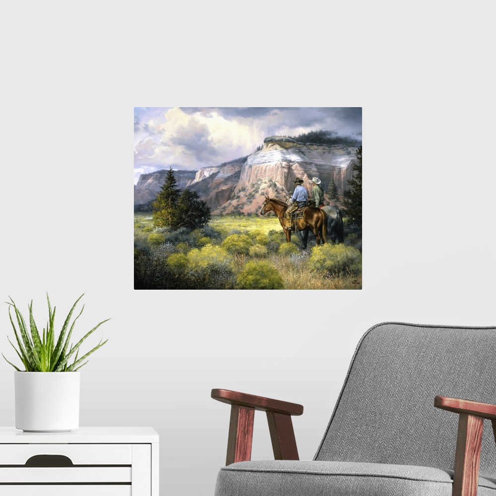 A modern room featuring This contemporary artwork of two cowboys seeing the wondrous plains for the first time reminds on...