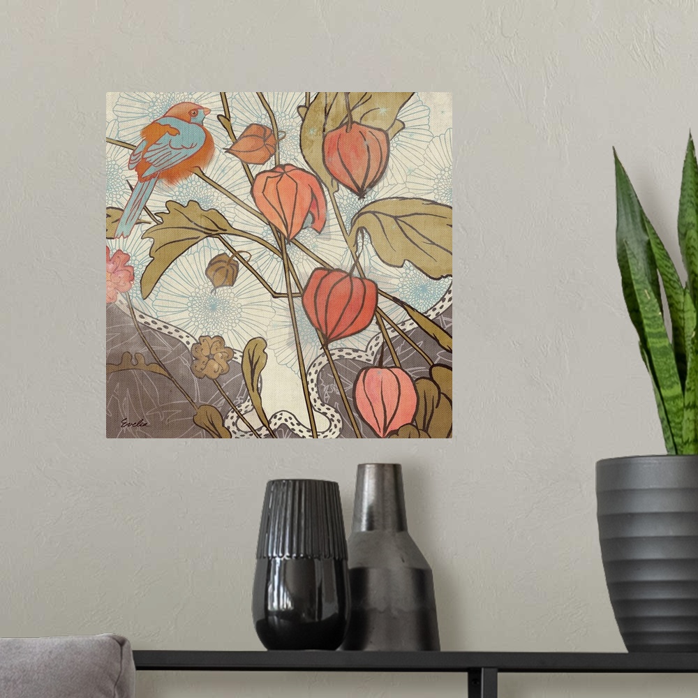A modern room featuring Whimsical contemporary floral themed painting.