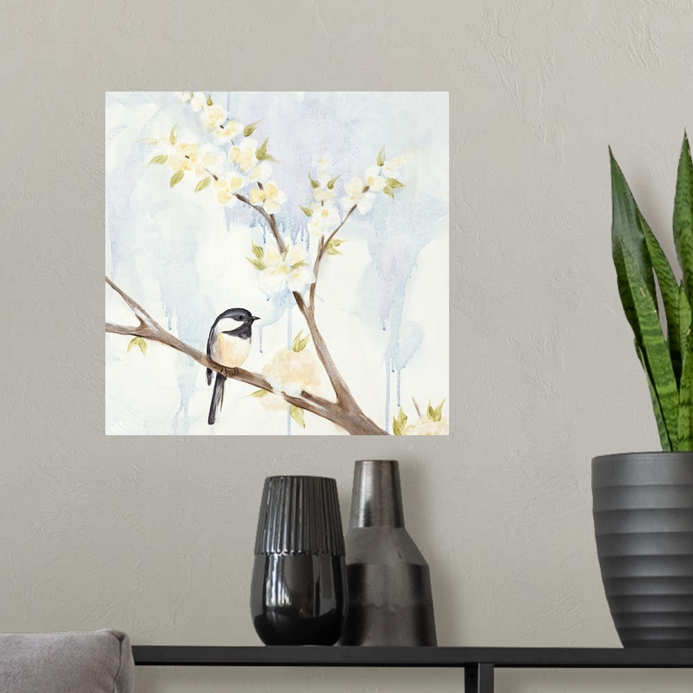 A modern room featuring Watercolor illustration of a chickadee perched on a flowering branch.