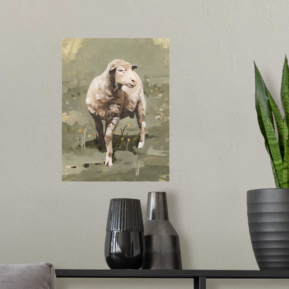 A modern room featuring Spring Sheep I