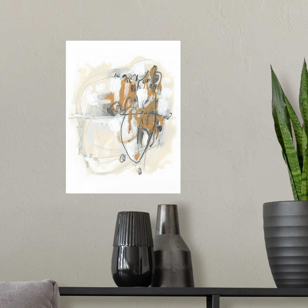 A modern room featuring Abstract painting in tones of gray, orange and beige with overlaying fine scribbles of gray and b...