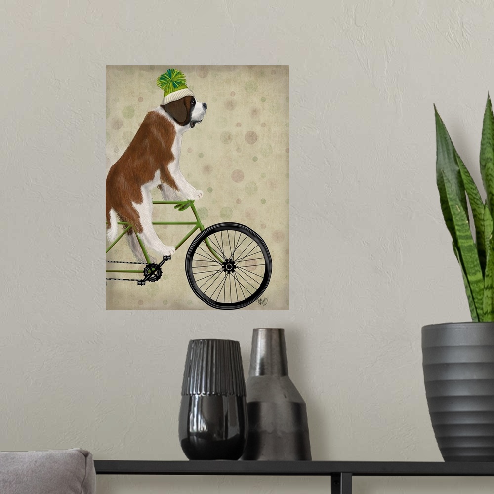 A modern room featuring Decorative artwork of a St. Bernard riding on a green bicycle and wearing a matching green Winter...