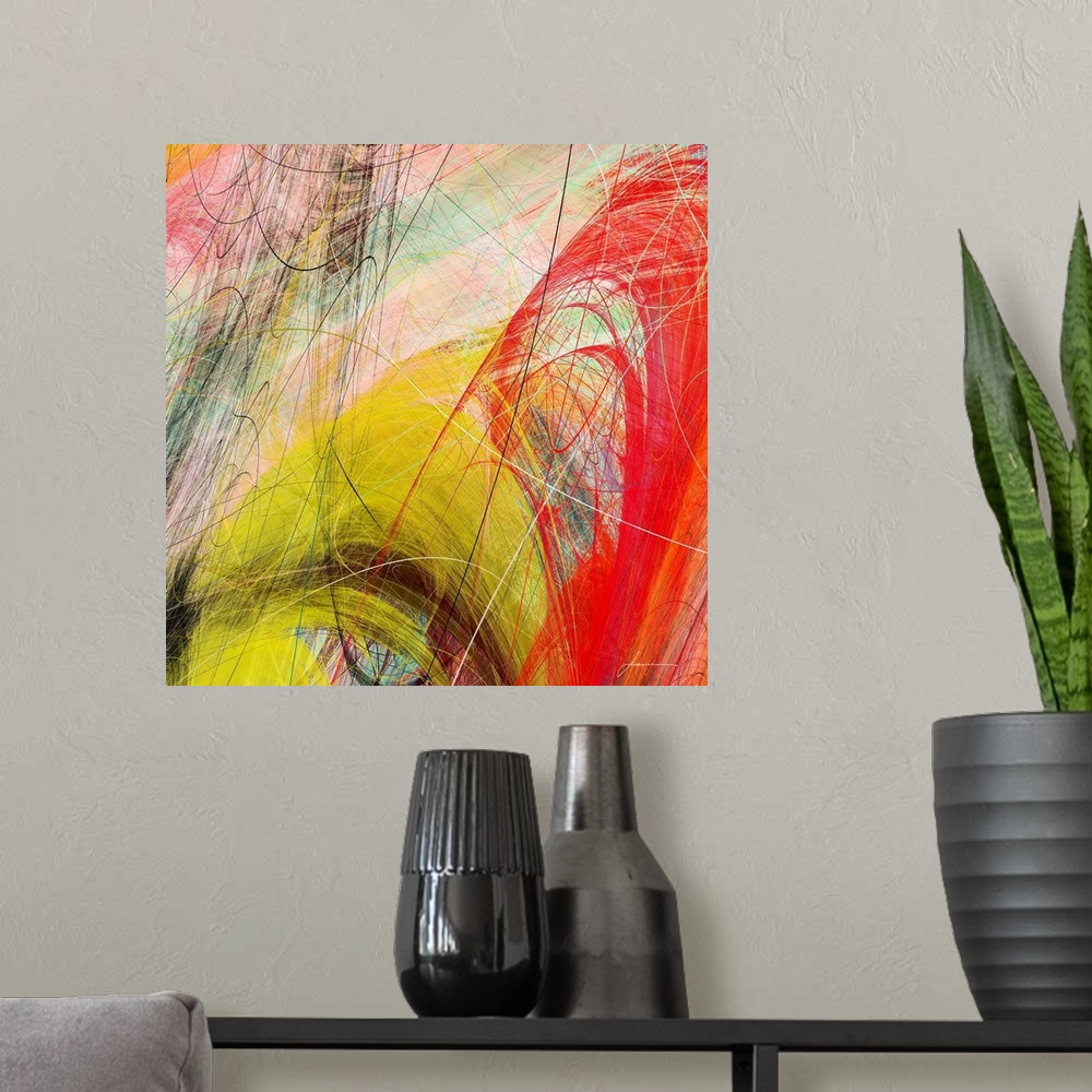 A modern room featuring Contemporary abstract artwork made of several thin lines and bright colors.