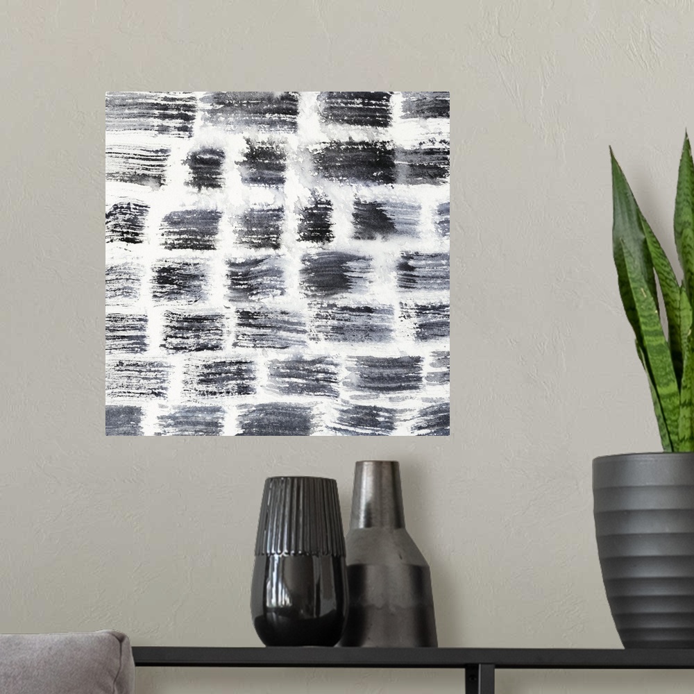 A modern room featuring Square abstract decor filled with thick, rough, horizontal brushstrokes.