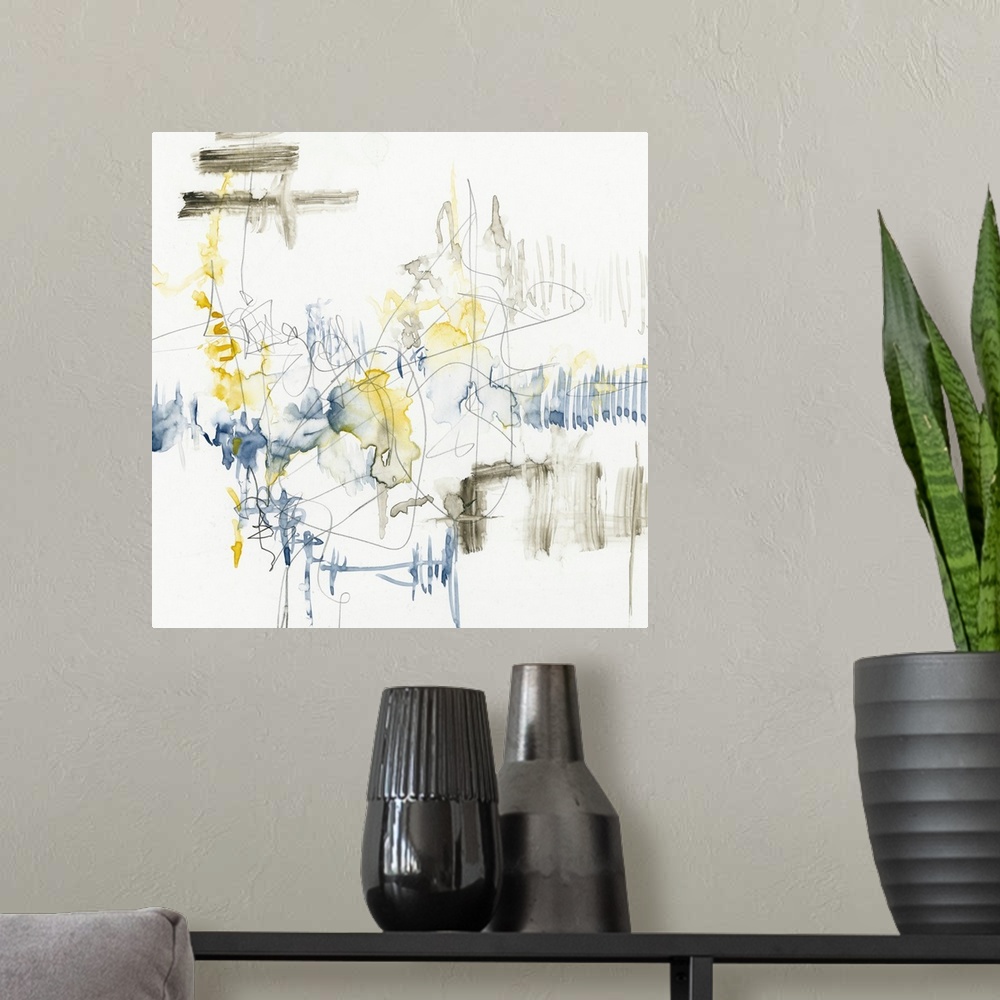 A modern room featuring Sketchy abstract artwork in blue and yellow on white.