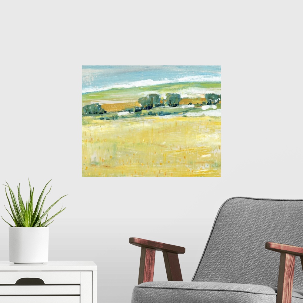 A modern room featuring This contemporary artwork features long horizontal and short vertical brush strokes to create rol...