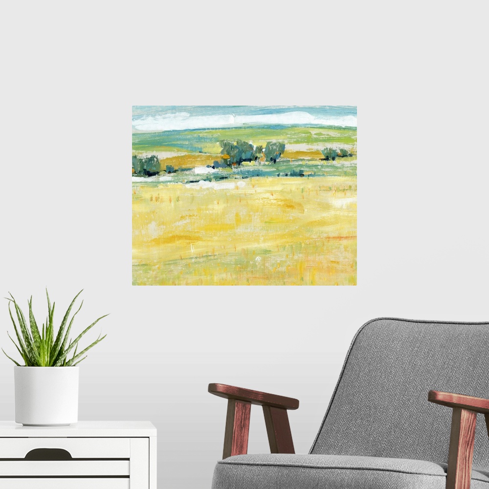 A modern room featuring This contemporary artwork features long horizontal and short vertical brush strokes to create rol...