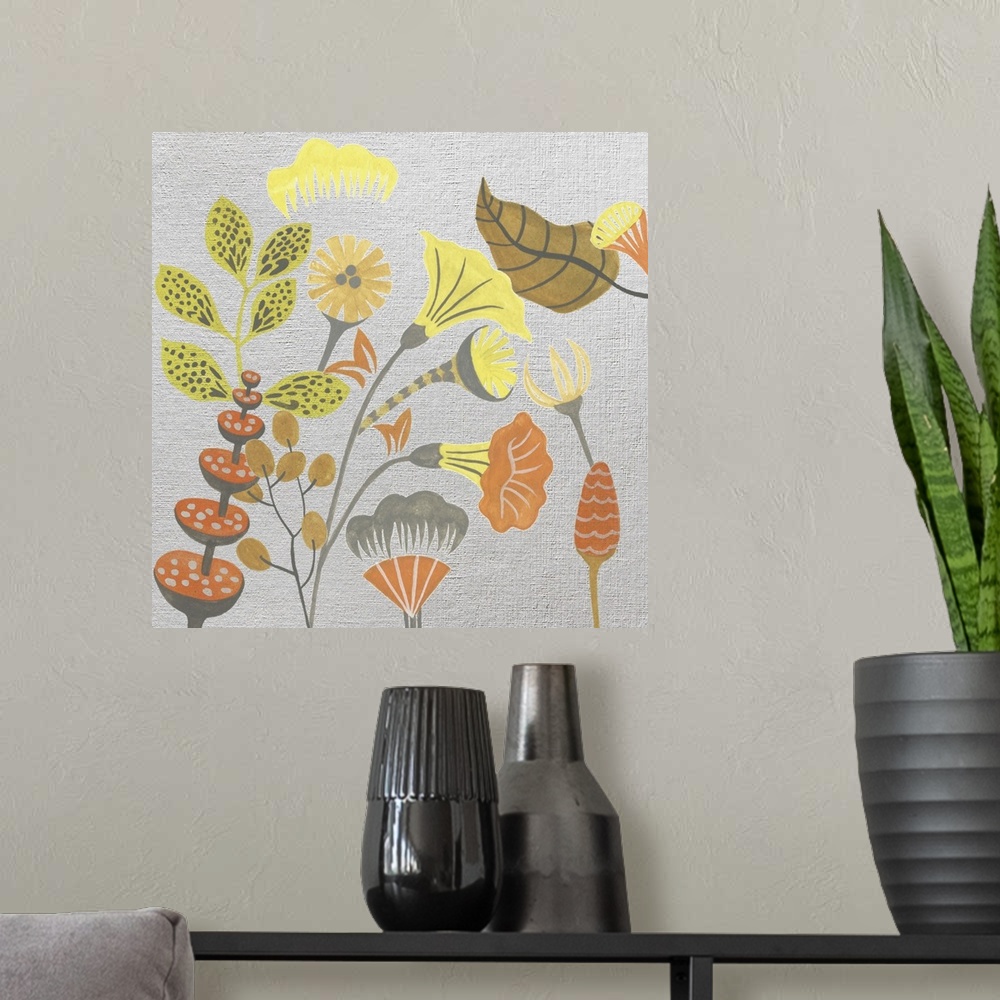 A modern room featuring Artistic painting of wild flowers done in warm citrus colors on a gray linen textured backdrop.
